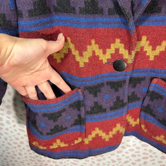 KARIZMA VTG 80s 90s USA Wool Aztec Navajo Blanket Jacket Southwestern Coat 10 L - Picture 5 of 10